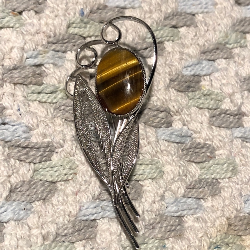 Silver-Tone Tiger's Eye Leaf Brooch
